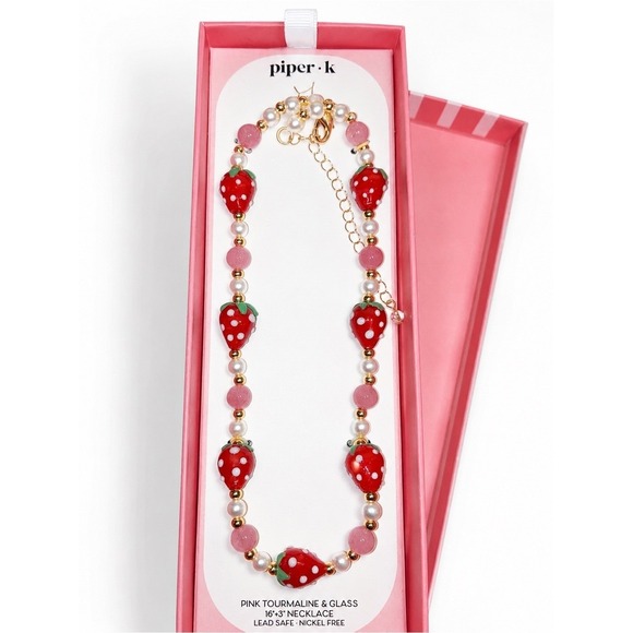 Piper K Jewelry - Viral Piper K Strawberry Glass Beaded Necklace Pink Tourmaline Cottagecore NIB